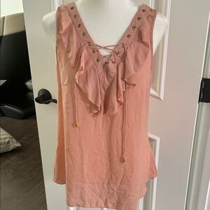 New York & Company Peach Ruffle Lace-Up Blouse
